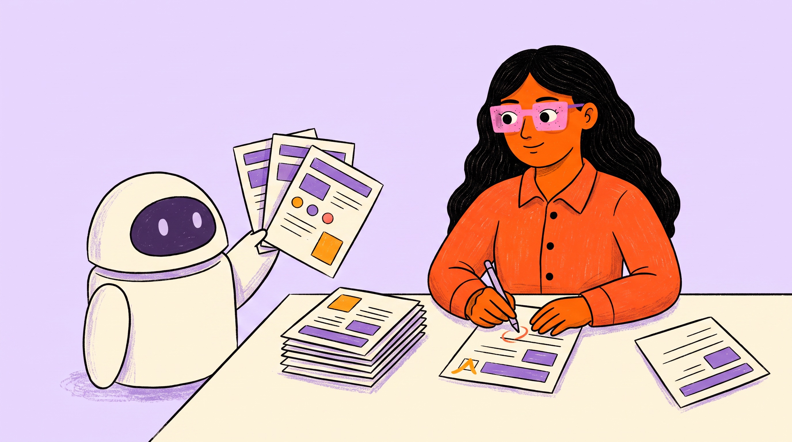 Tina reviewing interface drafts supplied by her AI assistant