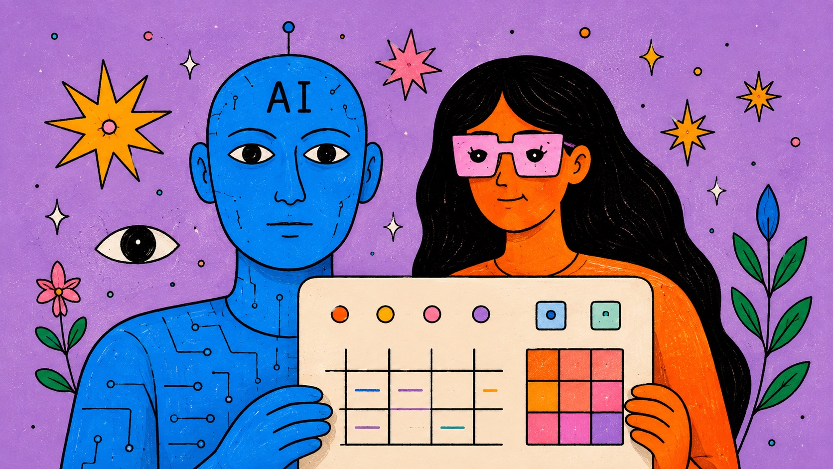 An illustrated designer and AI character holding a shared design board