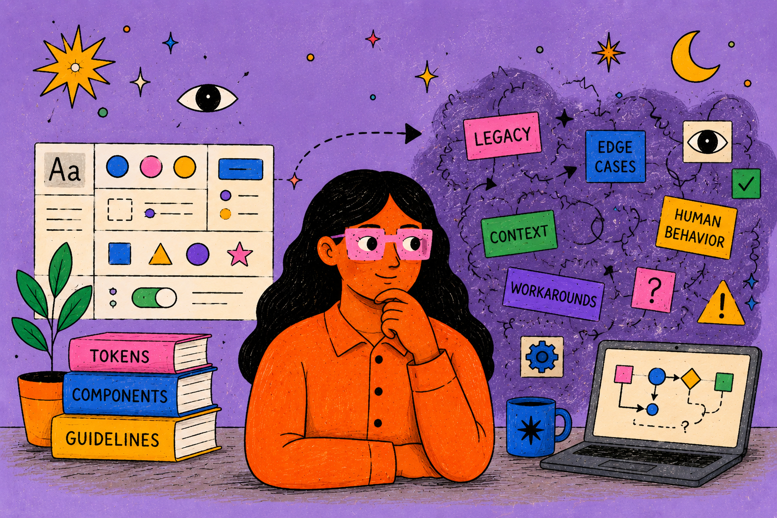 Tina surrounded by the human context behind a design system
