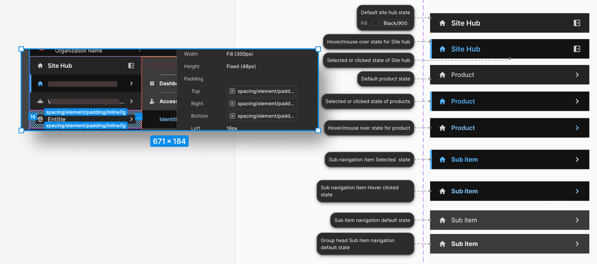 Annotated component states show the intended differences between default, hover, selected, and nested navigation treatments.