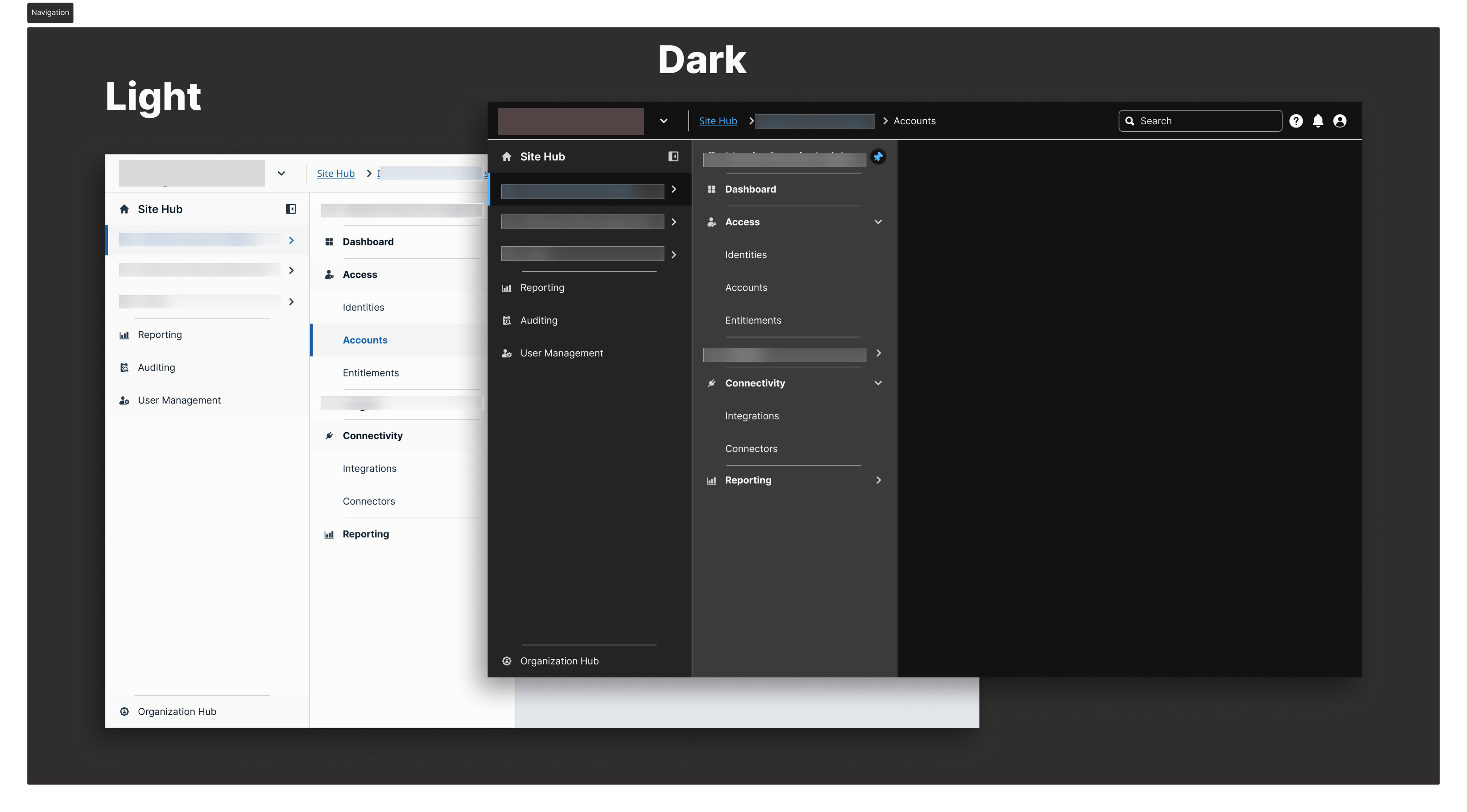 Light and dark navigation explorations, showing how the state treatments carry across themes.